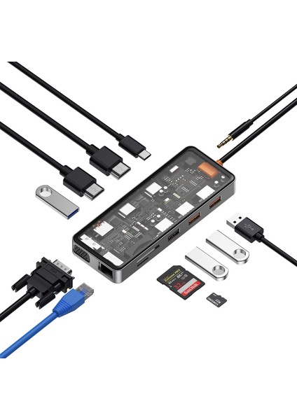 CB012 Cyber 12 In 1 Type-C Hub 100W Şarj Destekli Şeffaf Sd KART-RJ45-HDMI-VGA-USB Çoğaltıcı