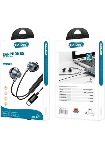 Type-C Kulakiçi Metal Kulaklık Go Des GD-EP216 Kablolu Kulaklık