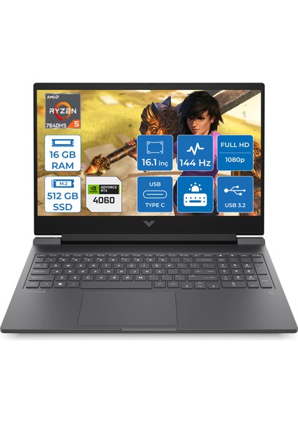 Victus 16-S0023NT AMD Ryzen 5 7640HS 16GB 512GB SSD 8GB RTX4060 Freedos 16.1" FHD 144Hz Taşınabilir Bilgisayar