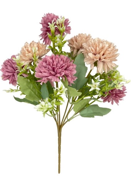 Yapay Çiçek Krizantem Kartopu Gül Kurusu Bej Cipsolu 7dallı Demet