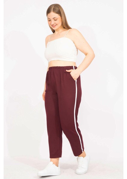 Kadın Bordo Büyük Beden Yan Şeritli Eşofman Alt 65N35626