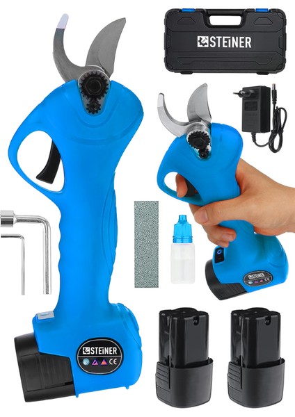 Alman 128 Vf 10 Ah Kömürsüz Motor Akülü Bağ Makası Dal Budama Kesme Makası Makinesi Çantalı Mavi