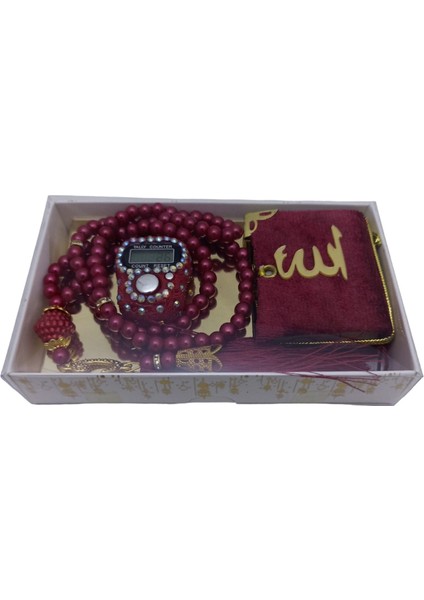 Hediyelik Kutulu Mevlit Hediye Seti Bordo (Mini Kuranı Kerim+İnci Tesbih 99+Taşlı Zikirmatik)
