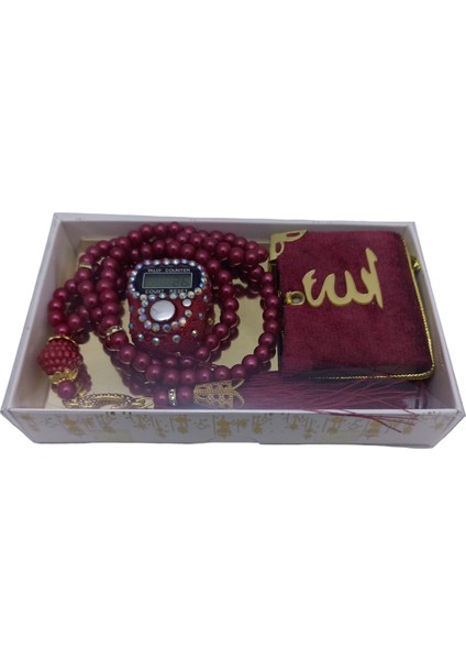 Hediyelik Kutulu Mevlit Hediye Seti Bordo (Mini Kuranı Kerim+İnci Tesbih 99+Taşlı Zikirmatik)