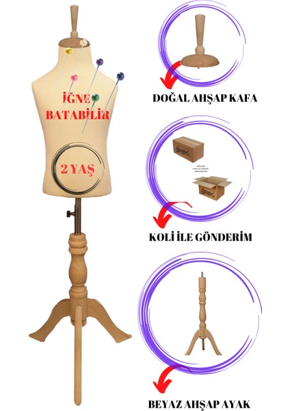 2 Yaş Iğne Batabilen Krem Kumaş Çocuk Terzi Mankeni Prova Mankeni Vitrin Mankeni