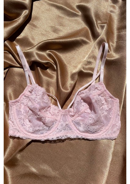 Pudra Çiçek Desenli Balenli Ip Detaylı Üstün Kalite Sütyen