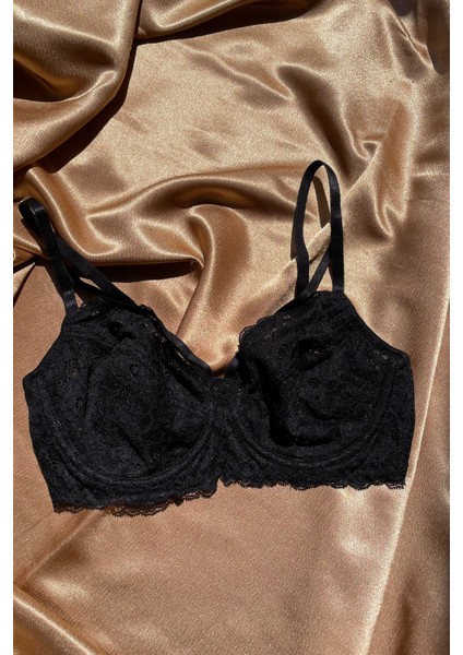 Siyah Çiçek Desenli Balenli Ip Detaylı Üstün Kalite Sütyen