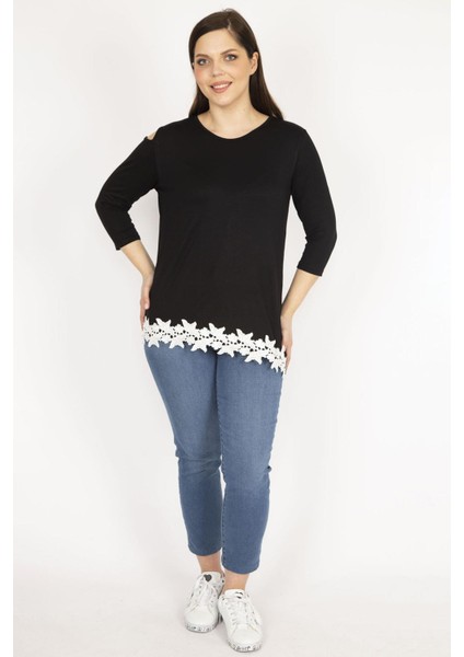 Kadın Siyah Büyük Beden Tek Omuz Dekolteli Etek Ucu Dantel Bluz
