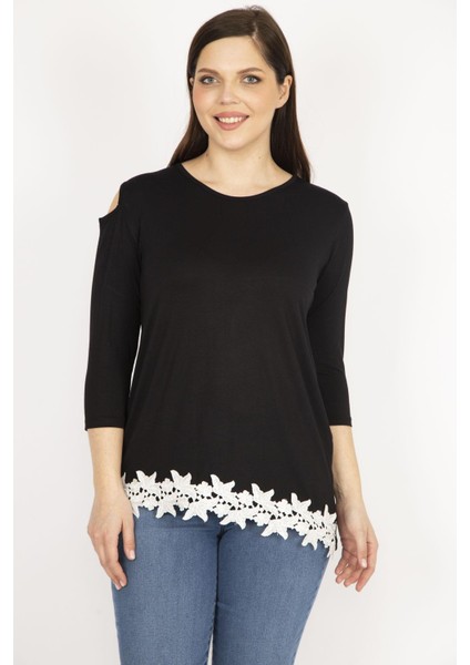 Kadın Siyah Büyük Beden Tek Omuz Dekolteli Etek Ucu Dantel Bluz fiyatları