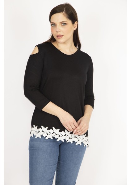 Kadın Siyah Büyük Beden Tek Omuz Dekolteli Etek Ucu Dantel Bluz modelleri