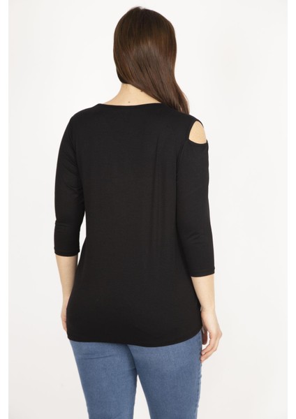 Kadın Siyah Büyük Beden Tek Omuz Dekolteli Etek Ucu Dantel Bluz fırsatları