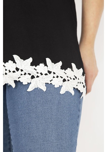 Kadın Siyah Büyük Beden Tek Omuz Dekolteli Etek Ucu Dantel Bluz indirimleri