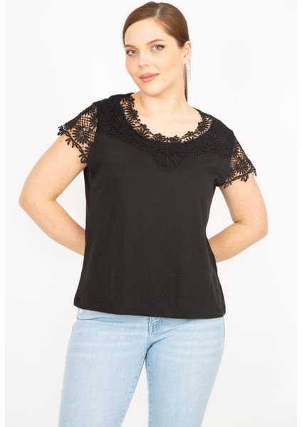 Kadın Kırmızı Büyük Beden Pamuklu Kumaş Dantel Detaylı Bluz