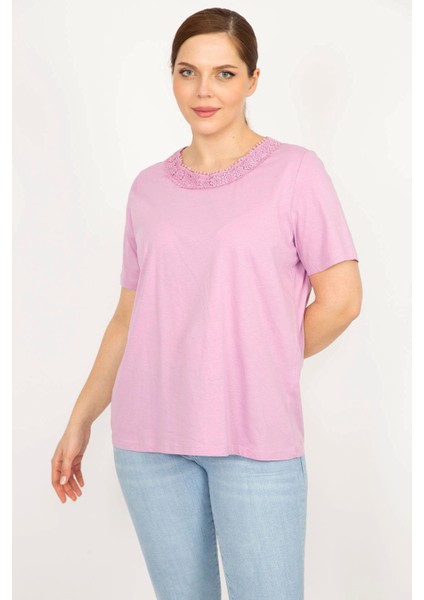 Kadın Lila Büyük Beden Pamuklu Kumaş Dantel Detaylı Bluz