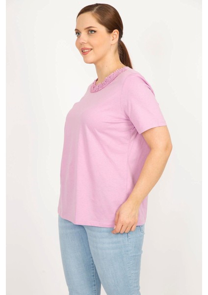 Kadın Lila Büyük Beden Pamuklu Kumaş Dantel Detaylı Bluz modelleri
