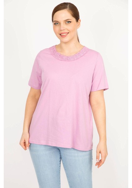 Kadın Lila Büyük Beden Pamuklu Kumaş Dantel Detaylı Bluz indirimleri
