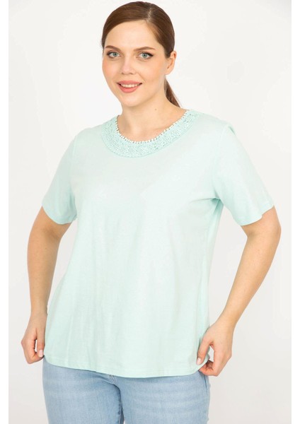 Kadın Lila Büyük Beden Pamuklu Kumaş Dantel Detaylı Bluz