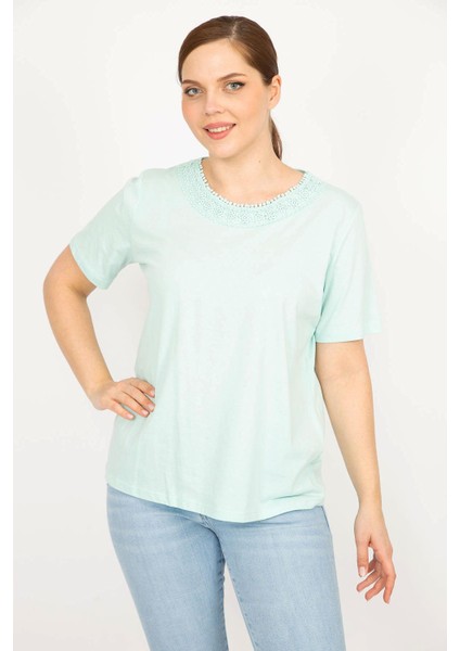 Kadın Lila Büyük Beden Pamuklu Kumaş Dantel Detaylı Bluz modelleri