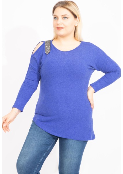 Kadın Antrasit Tek Omuz Dekolteli Taş Detaylı Bluz 65N35426