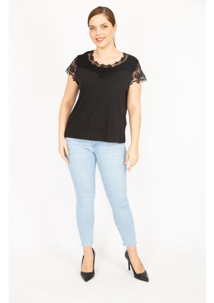 Kadın Kırmızı Büyük Beden Pamuklu Kumaş Dantel Detaylı Bluz fırsatları