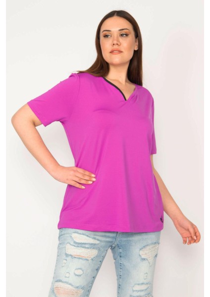 Kadın Eflatun Büyük Beden Tek Yaka Biyeli Spor Bluz 65N35619