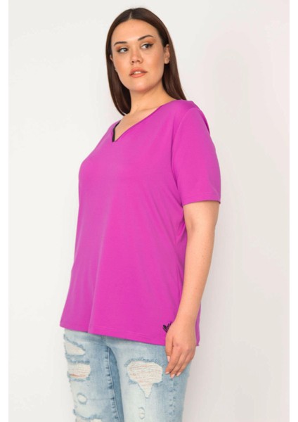Kadın Eflatun Büyük Beden Tek Yaka Biyeli Spor Bluz 65N35619
