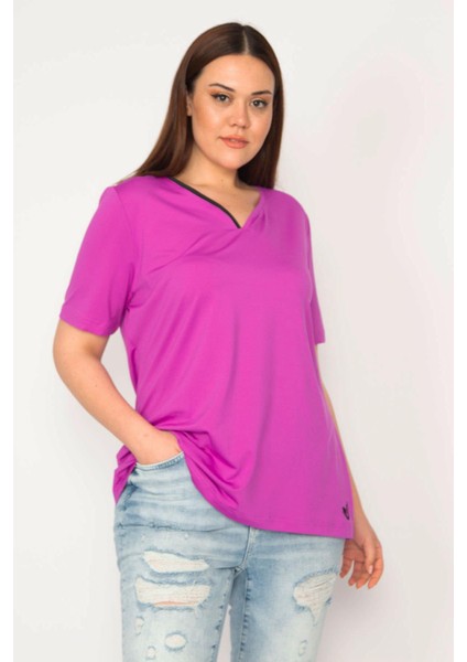 Kadın Eflatun Büyük Beden Tek Yaka Biyeli Spor Bluz 65N35619