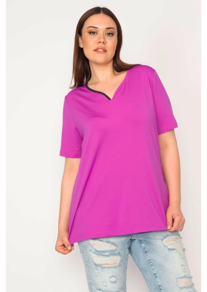Kadın Eflatun Büyük Beden Tek Yaka Biyeli Spor Bluz 65N35619