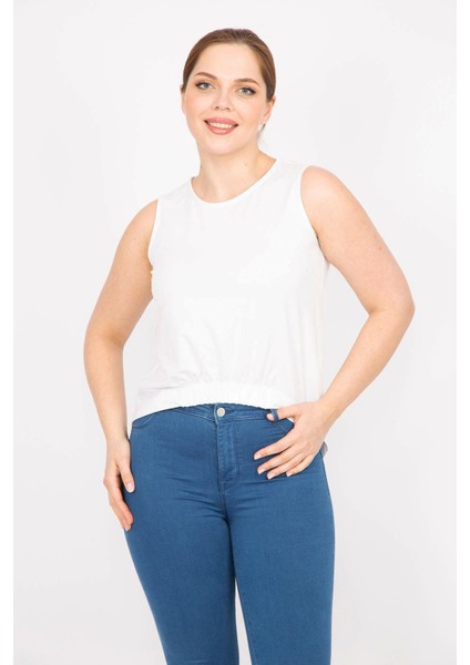 Kadın Kemik Büyük Beden Ön Etek Ucu Lastik Detaylı Arkası Uzun Bluz