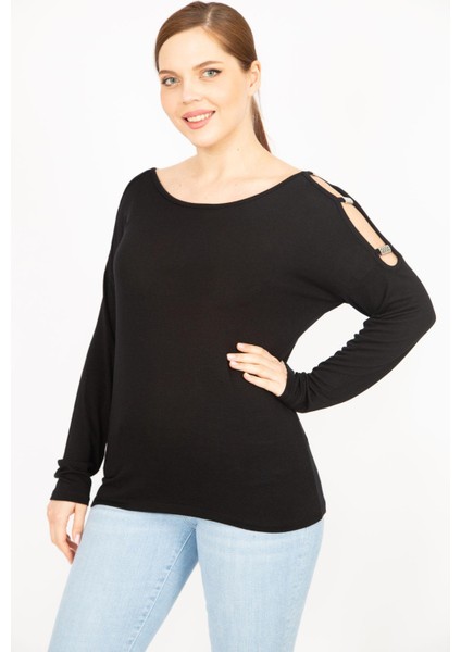 Kadın Siyah Büyük Beden Omuz Dekolteli Bluz