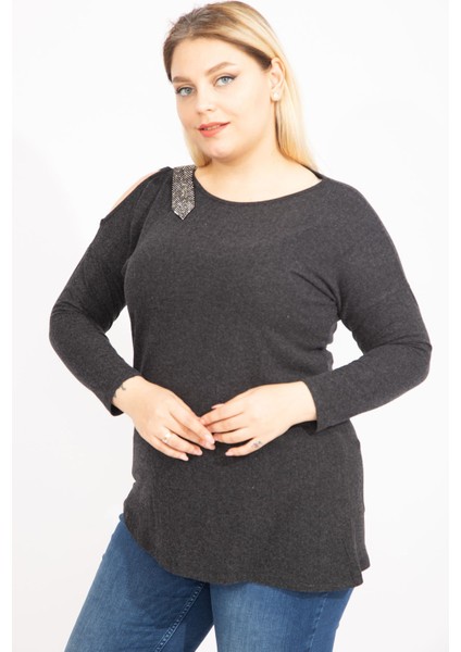 Kadın Antrasit Tek Omuz Dekolteli Taş Detaylı Bluz 65N35426 fiyatları