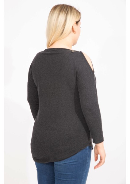 Kadın Antrasit Tek Omuz Dekolteli Taş Detaylı Bluz 65N35426 modelleri