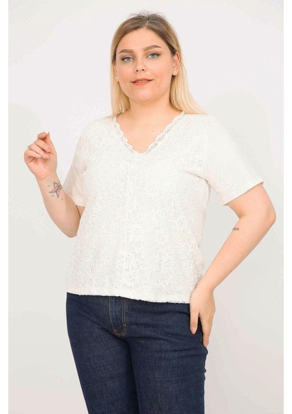 Kadın Kemik Büyük Beden Pamuklu Kumaş Önü Astarlı Dantel Bluz 65N35791