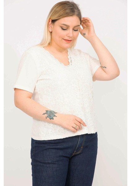 Kadın Kemik Büyük Beden Pamuklu Kumaş Önü Astarlı Dantel Bluz 65N35791 fırsatları