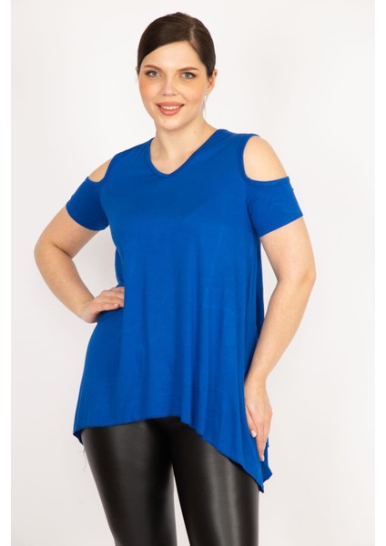 Kadın Saks Büyük Beden Omuz Dekolteli Asimetrik Kesim Viskon Bluz