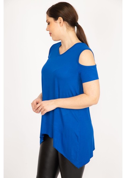 Kadın Saks Büyük Beden Omuz Dekolteli Asimetrik Kesim Viskon Bluz fiyatları