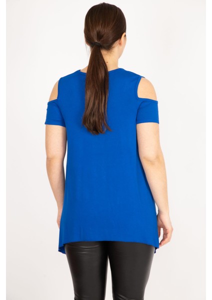 Kadın Saks Büyük Beden Omuz Dekolteli Asimetrik Kesim Viskon Bluz modelleri