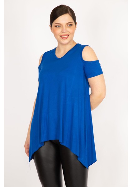 Kadın Saks Büyük Beden Omuz Dekolteli Asimetrik Kesim Viskon Bluz fırsatları