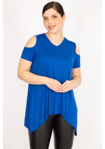 Kadın Saks Büyük Beden Omuz Dekolteli Asimetrik Kesim Viskon Bluz indirimleri