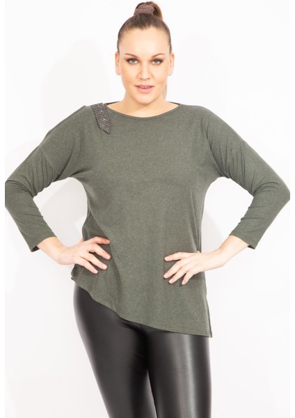 Kadın Antrasit Tek Omuz Dekolteli Taş Detaylı Bluz 65N35426 fiyatları