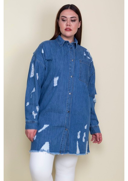 Kadın Mavi Yırtık Detaylı Salaş Kesim Oversize Kot Tunik Ceket 65N28046