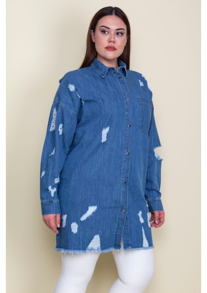 Kadın Mavi Yırtık Detaylı Salaş Kesim Oversize Kot Tunik Ceket 65N28046