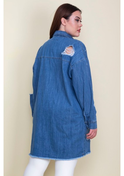 Kadın Mavi Yırtık Detaylı Salaş Kesim Oversize Kot Tunik Ceket 65N28046