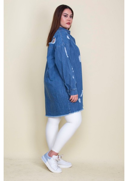 Kadın Mavi Yırtık Detaylı Salaş Kesim Oversize Kot Tunik Ceket 65N28046