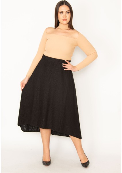 Kadın Siyah Bel Lastikli Buklet Kumaş Arkası Uzun Etek 65N35385 modelleri