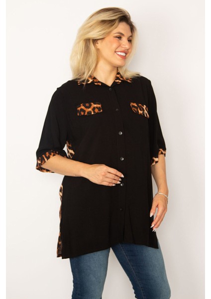 Kadın Siyah Loopar Garnili Dokuma Viskon Kumaş Gömlek 65N34279