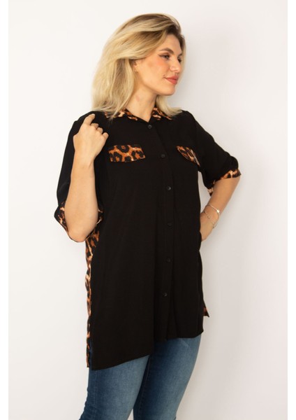 Kadın Siyah Loopar Garnili Dokuma Viskon Kumaş Gömlek 65N34279