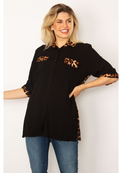 Kadın Siyah Loopar Garnili Dokuma Viskon Kumaş Gömlek 65N34279 modelleri