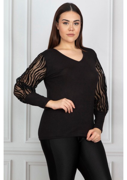 Kadın Büyük Beden Siyah Kolu Flok Tül Bluz 65N17976 fiyatları