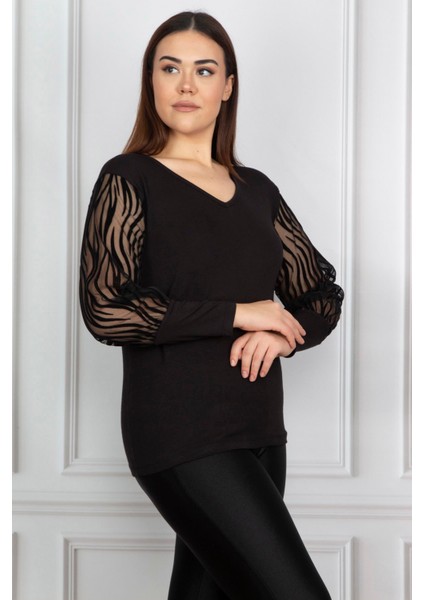 Kadın Büyük Beden Siyah Kolu Flok Tül Bluz 65N17976 modelleri